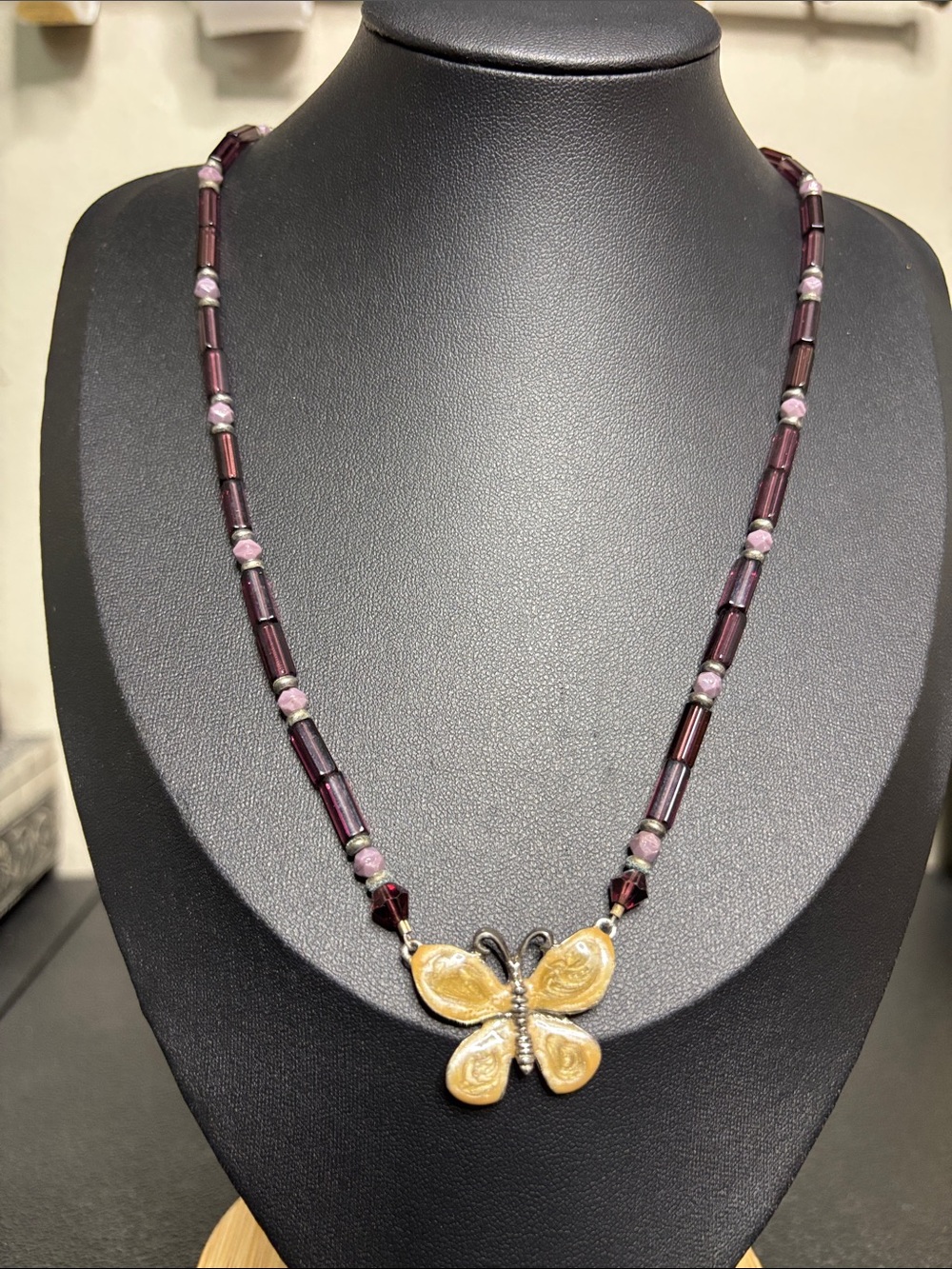 Handmade Amethyst Purple Glass Beaded Necklace Gold Butterfly Enamel Pendant